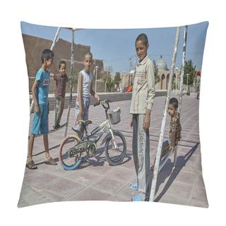 Personality  Five Iranian School-age Boys Are At Playground In Old Town. Pillow Covers