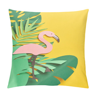 Personality  Top View Of Paper Cut Green Palm Leaves And Cute Pink Flamingo On Yellow Background Pillow Covers