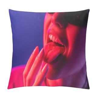 Personality  Cropped View Of Woman In Sunglasses Putting Paper Heart On Tongue Isolated On Purple Pillow Covers