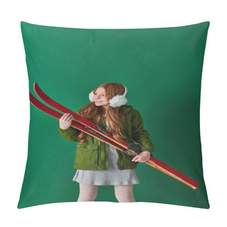 Personality  Joyful Preteen Girl In Ear Muffs And Winter Outfit Holding Red Ski Gear On Turquoise Backdrop Pillow Covers