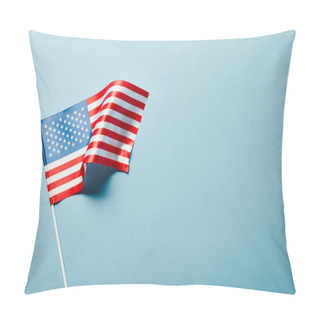 Personality  Top View Of Usa Flag On Stick On Blue Background With Copy Space Pillow Covers