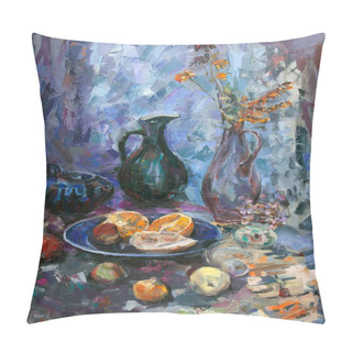 Personality  The Picturesque Still Life Is Made In A Pasty Technique.On A Blue Background ,objects Are Harmoniously Arranged: A Dark Blue Teapot,a Green Jug,a Lilac Jug With Flowers,a Plate,a Glass And Fruit.  Pillow Covers