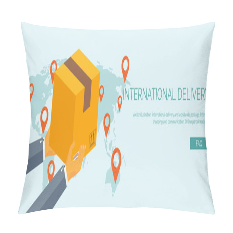 Personality  Vector Illustration. Flat Header. International Delivery And Worldwide Postage. Emailing And Online Shopping. Envelope And Package. Pillow Covers