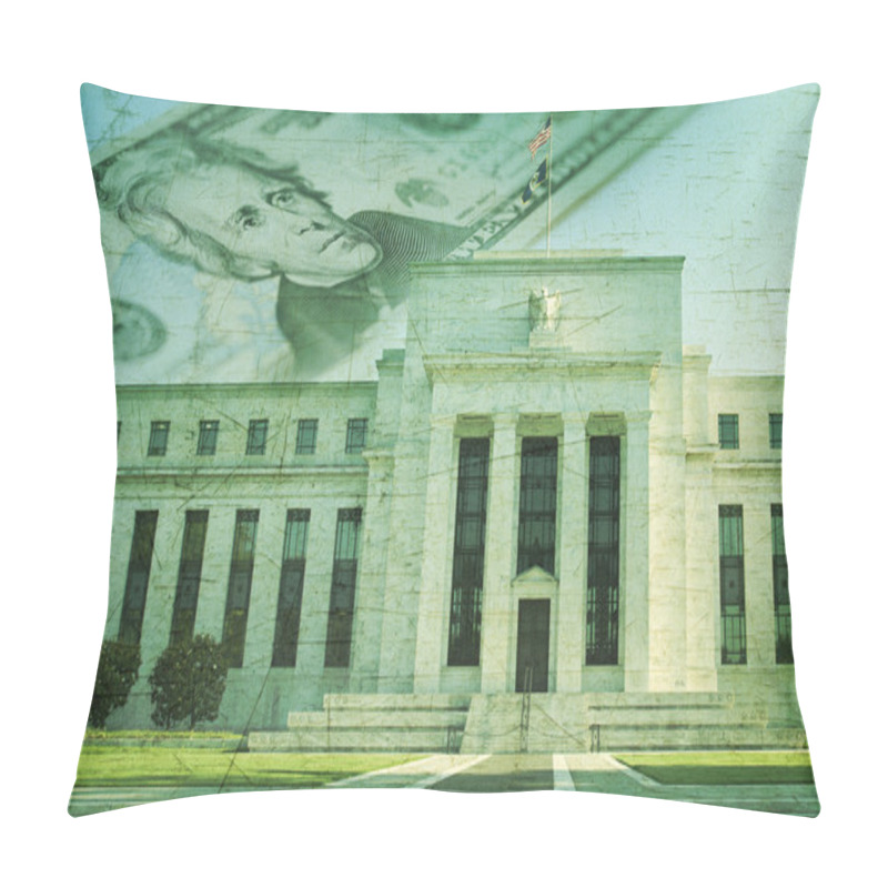 Personality  Federal Reserve Building With Twenty Dollar Bill On Grunge Textu Pillow Covers