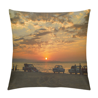 Personality  Beautiful Blazing Sunset Landscape At Caspian Sea And Orange Sky Above It With Awesome Sun Golden Reflection On Calm Waves As A Background. Amazing Summer Sunset View On The Beach. Azerbaijan Nature,  Pillow Covers