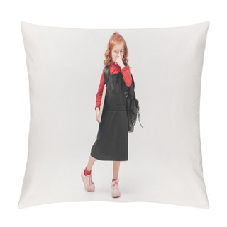 Personality  Serious  Little Schoolgirl In Black Dress With Big Book Isolated On Grey Pillow Covers
