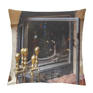 Personality  Set Of Brass Tools Stands In Front Of Fireplace Pillow Covers