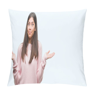 Personality  Young Beautiful Hispanic Woman Wearing A Sweater Clueless And Confused Expression With Arms And Hands Raised. Doubt Concept. Pillow Covers