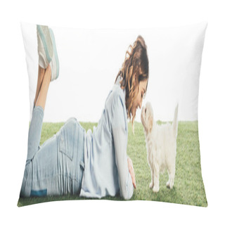 Personality  Panoramic Shot Of Woman Looking At Havanese Puppy And Lying On Grass Isolated On White Pillow Covers