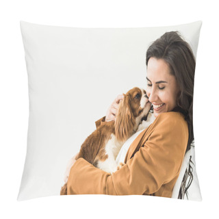 Personality  Happy Laughing Girl In Brown Jacket Holding Dog Isolated On White Pillow Covers