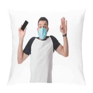 Personality  Shocked Man In Medical Mask Holding Smartphone With Blank Screen And Putting Hands Up Isolated On White  Pillow Covers