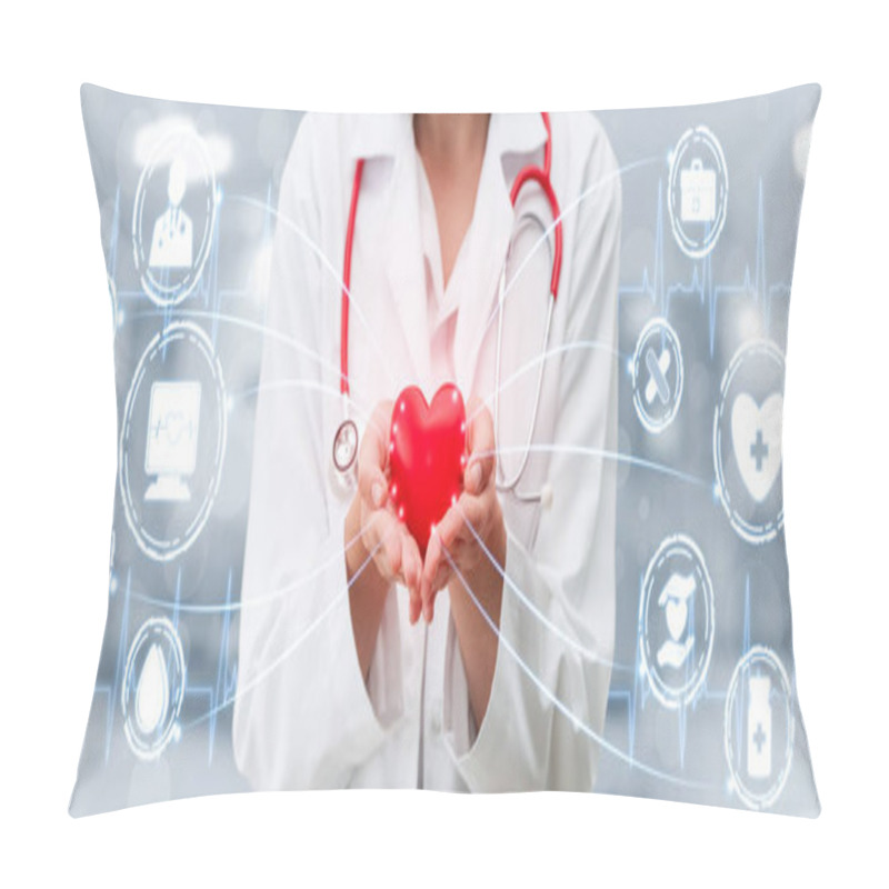 Personality  Medical Healthcare Concept - Doctor in hospital with digital medical icons graphic banner showing symbol of medicine, medical care people, emergency service network, doctor data of patient health. pillow covers