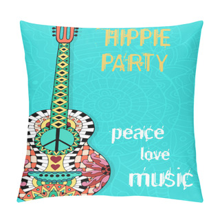 Personality  Hippie Party Poster. Hippy Background With Acoustic Guitar. Pillow Covers