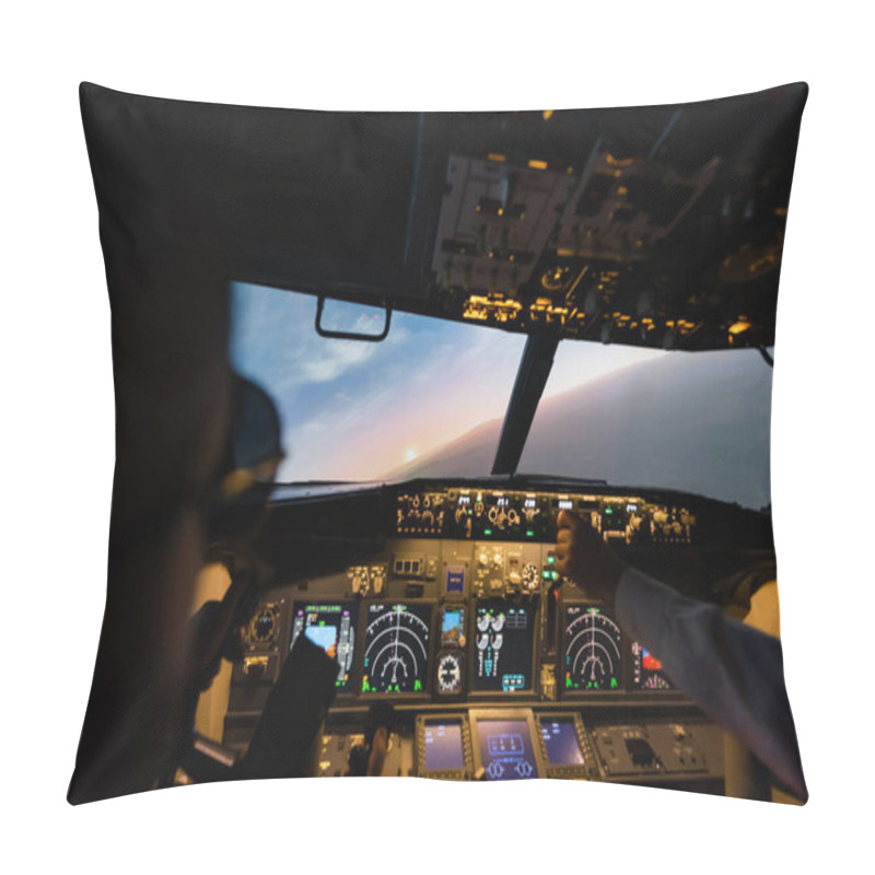 Personality  partial view of professionals piloting airplane in evening  pillow covers