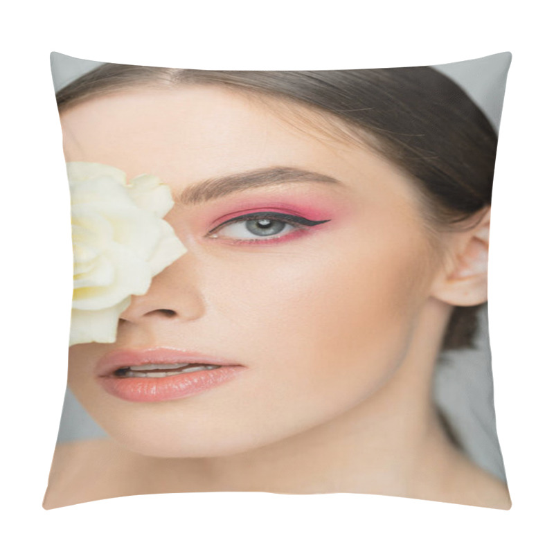 Personality  Close Up Portrait Of Young Woman With Pink Visage Obscuring Face With Ivory Rose Isolated On Grey Pillow Covers