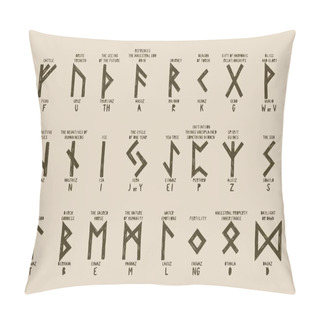 Personality  Old Futhark Runes Alphabet With Names And Definitions. Mystical Occult Symbols Of Scandinavian Mythology. Pillow Covers