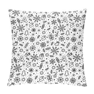 Personality  Christmas Doodle Seamless Pattern, Gift Box, Snowflake, Christmas Tree, Candy, Santa's Hat, Mitten, Ice Skates, Star, Parcel, Spruce Branch. Scattered Festive Black And White Winter Holiday Background Pillow Covers