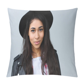 Personality  Close-up Portrait Of Smiling Young Woman In Hat Looking At Camera Isolated On Grey Pillow Covers