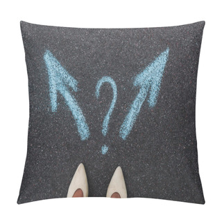 Personality  Top View Of Woman Standing Near Blue Directional Arrows And Question Mark On Asphalt  Pillow Covers
