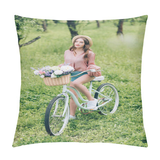 Personality  Young Woman On Retro Bicycle With Wicker Basket Full Of Flowers In Forest Pillow Covers