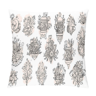 Personality  Magic Crystals With Flowers Set. Line Art Hand Drawn Doodle Elements With Quartz Crystals And Flowers In A Birdcage. Elegance And Aesthetic Floral Design Icons Isolated On White Background. Vector Pillow Covers