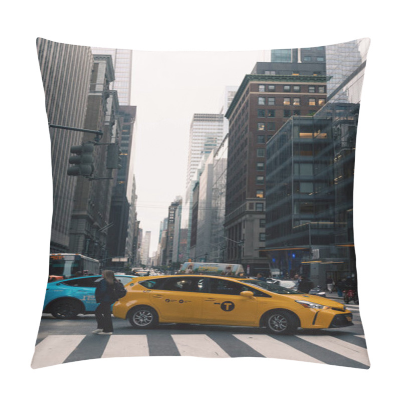Personality  NEW YORK, USA - OCTOBER 11, 2022: Taxi Car On Crosswalk On Urban Street In Manhattan  Pillow Covers