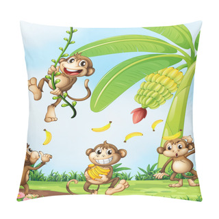Personality  Playful Monkeys Near The Banana Plant Pillow Covers