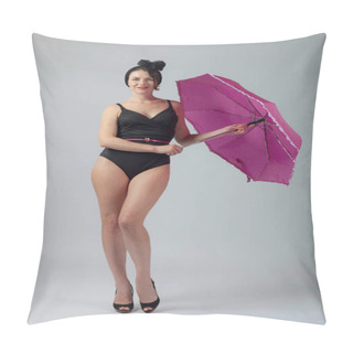 Personality  Woman In Black Bikini With Umbrella . Beautiful Woman In Pin Up Style With Perfect Hair And Make Up .Expressive Facial Expressions. Pillow Covers