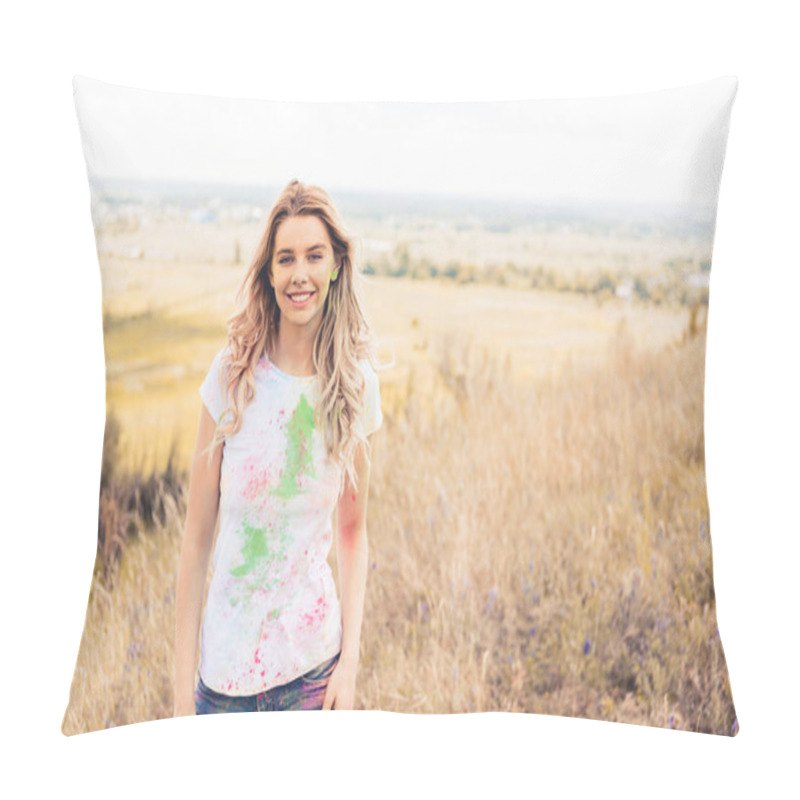 Personality  attractive woman in t-shirt smiling and looking at camera  pillow covers