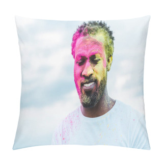 Personality  African American Man In White T-shirt And Colorful Holi Paints On Face Pillow Covers