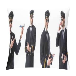 Personality  Collage Of Handsome Pilot In Black Uniform Holding Toy Plane, Passport And Talking On Smartphone Isolated On White Pillow Covers