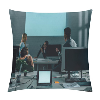 Personality  People Watching Presentation In Office At Nighttime. Blank Screen  Pillow Covers