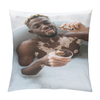 Personality  High Angle View Of African American Man With Vitiligo Holding Cigar And Whisky While Taking Bath With Foam At Home  Pillow Covers