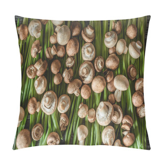 Personality  Top View Of Champignon Mushrooms On Green Leeks On Wooden Tabletop Pillow Covers
