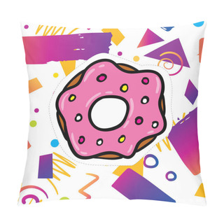 Personality  Vector Geometric Trendy Elements Pattern With Bold Bright Purple Violet Colors Card Design Template. 80s-90s Retro Fashion Design With Funny Donut Pillow Covers