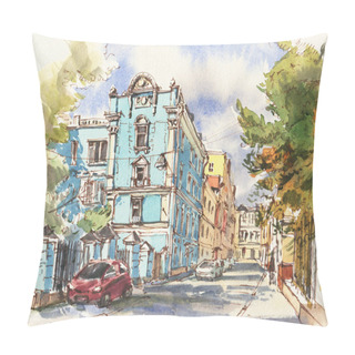 Personality  City Landscape.  Sketch Ink And Watercolor. Hand-drawn Illustration. Pillow Covers