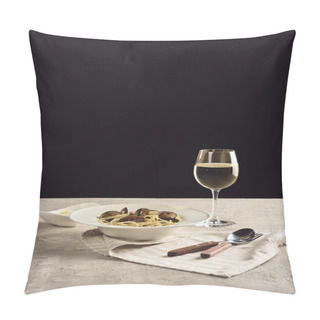 Personality  Delicious Italian Spaghetti With Seafood Served With White Wine And Grated Cheese On Napkin Near Cutlery Isolated On Black Pillow Covers