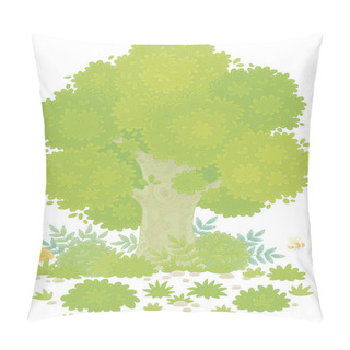Personality  Big Branchy Oak Tree, Green Bushes, Grass And Mushrooms On A Pretty Forest Glade In Summer, Vector Cartoon Illustration On A White Background Pillow Covers