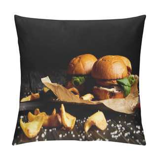 Personality  Set Of Junk Food Hamburgers And Fried Potatoes With Scattered Salt On Wooden Table Pillow Covers