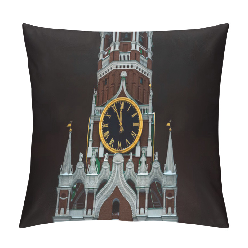Personality  12 Hours On The Chimes Of The Spasskaya Tower Of The Moscow Kremlin Against The Background Of A Dark Cloudy Sky. 5 Minutes Until The New Year. Pillow Covers