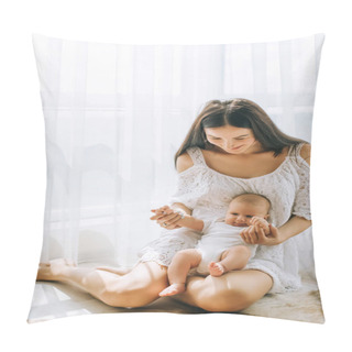 Personality  Happy Young Mother Sitting On Floor Near Window With Her Adorable Little Child At Home Pillow Covers