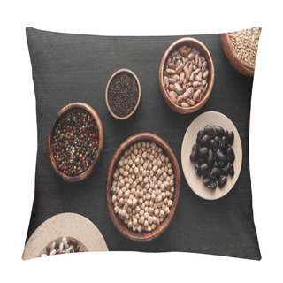 Personality  Top View Of Bowls With Beans, Chickpea, Lentil, Peppercorns, Quinoa And Oatmeal On Dark Wooden Surface Pillow Covers