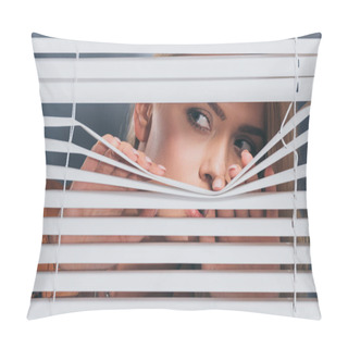 Personality  Young Woman Looking Away And Peeking Through Blinds, Mistrust Concept  Pillow Covers