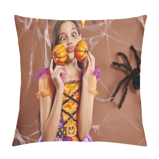 Personality  Funny Girl With Spiderweb Makeup Puffing Cheeks And  Holding Pumpkins On Brown Backdrop, Halloween Pillow Covers