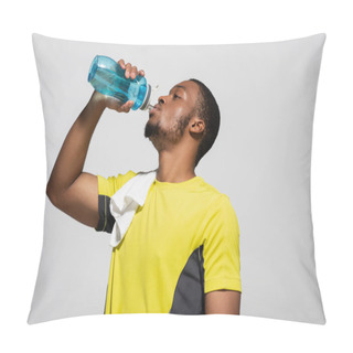 Personality  African American Sportsman Drinking Water From Sports Bottle Isolated On Grey Pillow Covers
