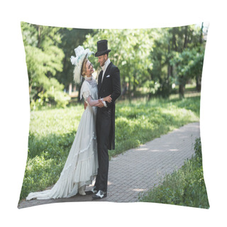 Personality  Handsome Victorian Man And Attractive Woman Looking At Each Other While Standing Outside  Pillow Covers