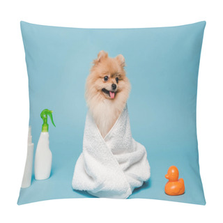 Personality  Little Pomeranian Spitz Dog Wrapped In Towel On Blue With Spray Bottles And Rubber Duck Pillow Covers
