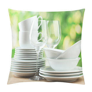 Personality  Clean Dishes On Wooden Table On Green Background Pillow Covers