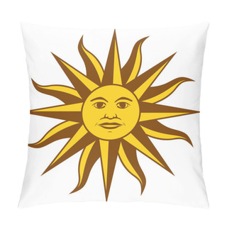 Personality  Sun Of May, Spanish Sol De Mayo, A National Emblem Of Uruguay On The Country Flag. Radiant Golden Yellow Sun With A Face And Sixteen Straight And Sixteen Wavy Rays. Illustration Over White. Vector. Pillow Covers