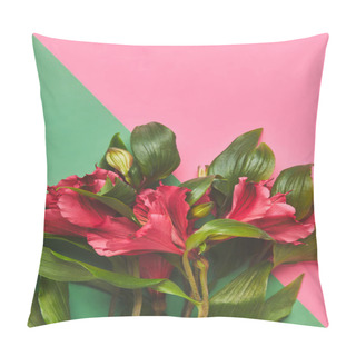 Personality  Top View Of Alstroemeria Flowers Bouquet On Pink And Green Surface, Mothers Day Concept Pillow Covers